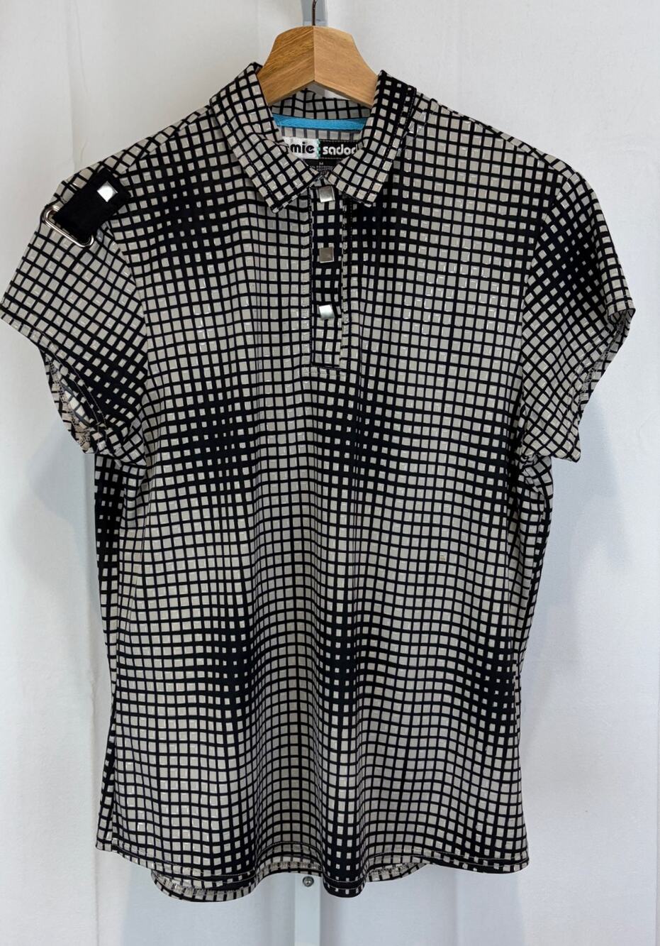JAMIE SADOCK Shimmer Check Short Sleeve Snap Up Polo Top Beige Black Size M